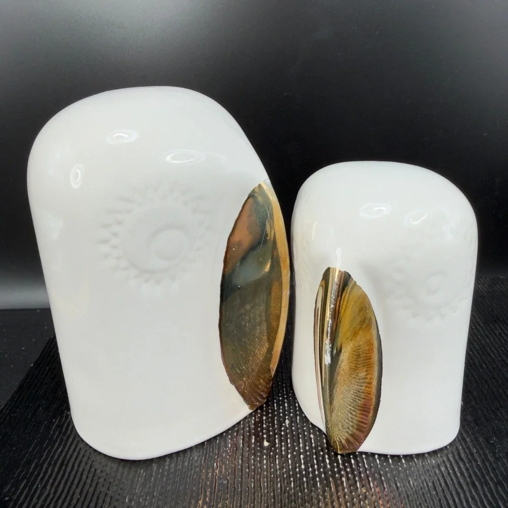 IKEA Ceramic Owl Figurine Set White Gold Metallic Beak Minimalist Decor set of 2